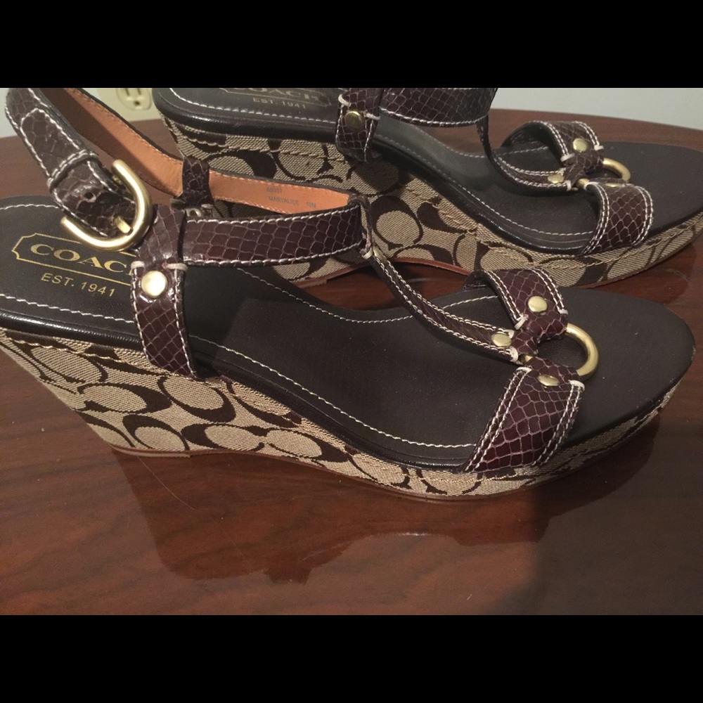 Coach Wedges Brown Strappy Leather with Fabric 10B